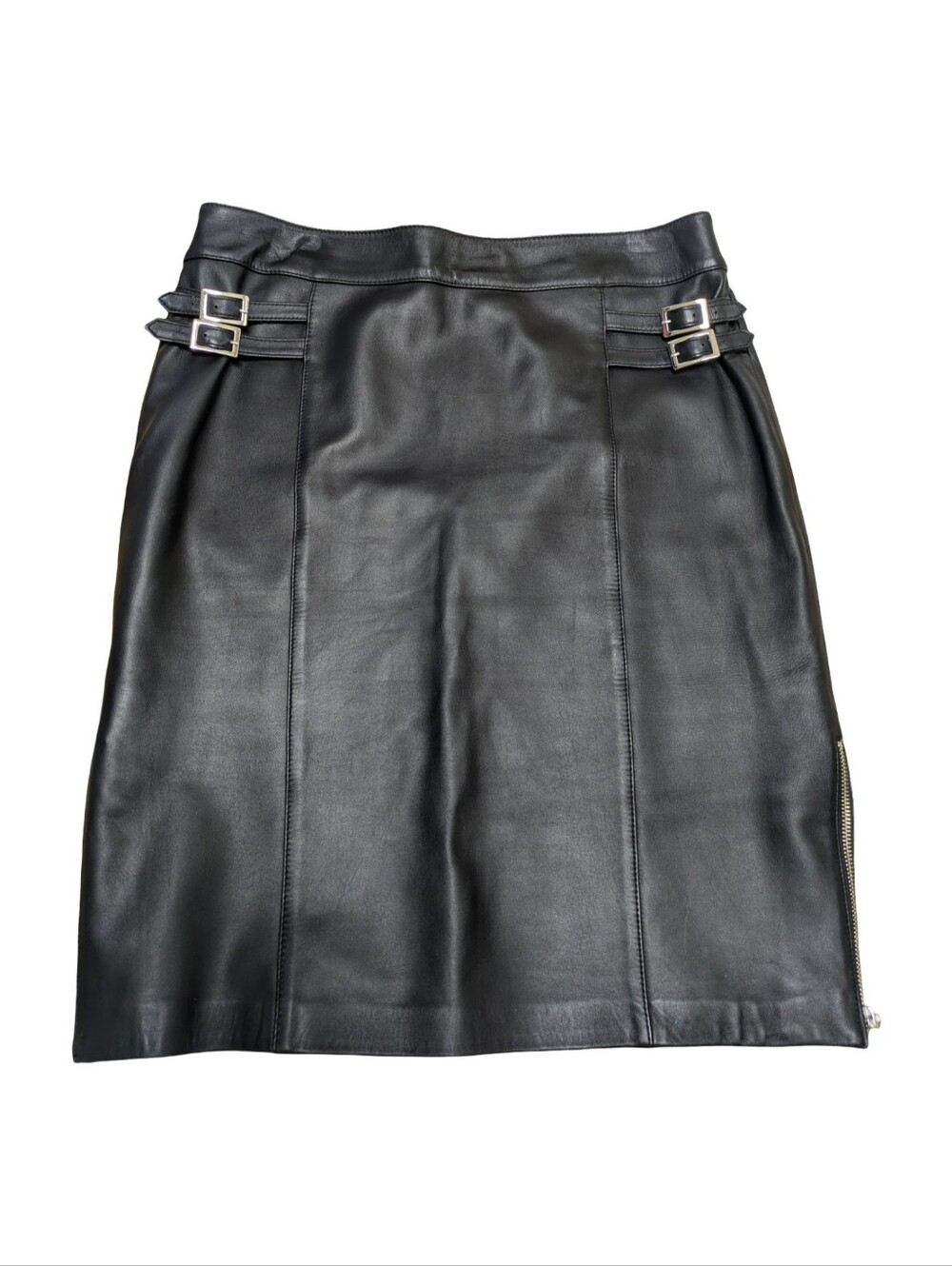 Bikercore Classic Black Faux Leather Pencil Skirt with Side Buckles & Zippers